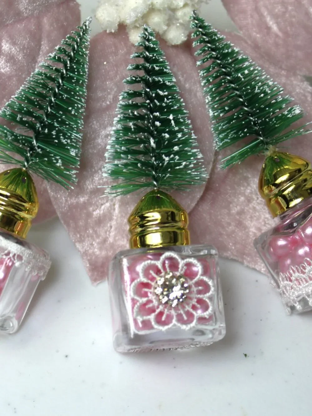 Shabby Chic Pink Christmas Bottle Brush Tree Set - Vintage Style - Salt & Pepper